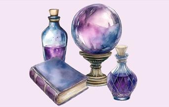 Illustrations of a purple crystal ball, spell book and potion bottles
