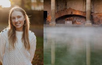 Photograph of a young woman, with the Roman Baths as a background