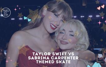 Taylor Swift vs Sabrina Carpenter hugging, with themed skate promo for Bath on Ice
