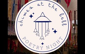 Chimes at the Bell poetry night written around a circular logo, in the centre are blue bell wind chimes. The image backround has a vibrant image of Th