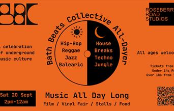 Orange rave flyer in the style of a record label, promoting an all day music event in celebration of underground music culture