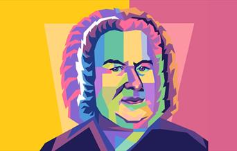 Colourful graphic of J S Bach in bright colours