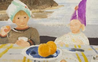 A painting of two children eating by the sea