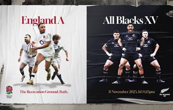 A poster featuring the England A & All Blacks XV men's rugby teams, promoting a match at The Recreation Ground in Bath.