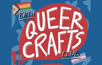 A bold graphic where a red bubble reads 'QUEER CRAFTS' in bold white font and 'BATH' and 'CLUB' written just on the edge. There is an intersex progres