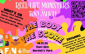 A brightly coloured background with paint splatters with lots of text that details the films being shown at the event (The Fly, Tetsuo: The Iron Man,