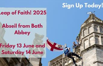 A man abseiling from the top of the Bath Abbey Tower. A flag is flying next to him. Details of the abseil event are also on the image.