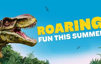 dinosaur on blue background with 'roaring fun this summer' in text
