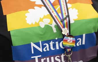 A black T-shirt with the LGBTQ+ colours across the front with National Trust logo on and a lanyard over the top.