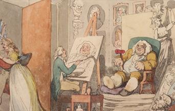 Thomas Rowlandson, Comforts of Bath - The Artist, 1798. Image shows a wealthy man being painted by an artist.