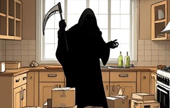 A cartoon image of the Grim Reaper stood in a kitchen surrounded by cardboard boxes