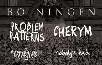 A poster advertising a Free Community Music Festival at Komedia Bath, with logos for Bo Ningen, Problem Patterns, Cherym, Battery Acid and Nobody's Da