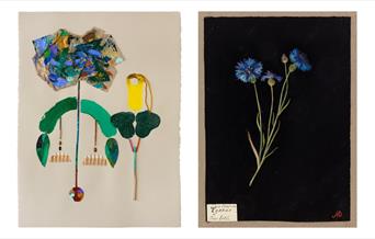 Two images depicting flower artworks