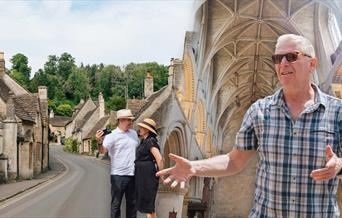 Image of people taking a photo in a village in the Cotswolds photoshopped alongside an image of a tour guide presenting to their group in an abbey or