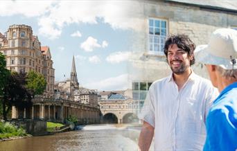 Jules talking with tourists photoshopped alongside an image of Pulteney Bridge