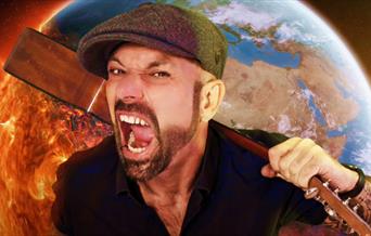 Jonny Cole shouting and holding a guitar in front of an Earth on fire