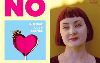 The yellow cover with big letters of the book No & Other Love Stories book and a picture of Kirsty Logan with short red head and a yellow artistic bac