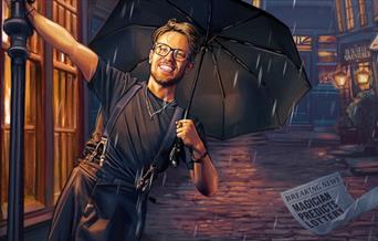 illustration of magician James Phelan, he is holding an umbrella and dancing in the rain.