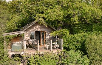View of the exterior of the treehouse and the porch, surrounded by trees and nature