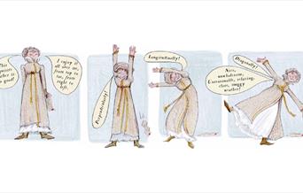 4 images of a stretching, mischievous Jane Austen figure