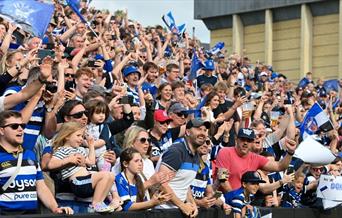 a crowd of people cherring wearing bath rugby shirts