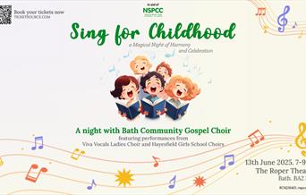 Poster for "Sing for Childhood," an NSPCC charity concert. Features a children's choir illustration and a QR code for ticket booking.