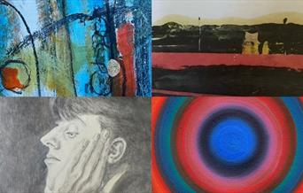 a row of four artworks showing instances of four art genres, still lif, landscape, abstract and portrait.