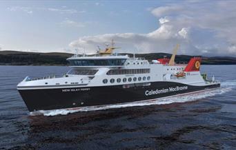 The new caladonian macbryne ferry to islay coming into port on a bright blue sea. The ferry is black, white with red livery.