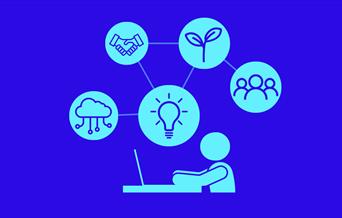 An icon of a person working at a laptop, surrounded by icons representing sustainability, community and technology.