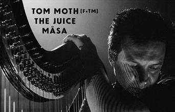 Tom Moth harpist of Florence and The Machine with harp in black and white