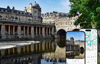 Pulteney Bridge and a phone with an app open