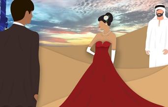drawing of a woman in a red dress in a desert, with two men either side of her