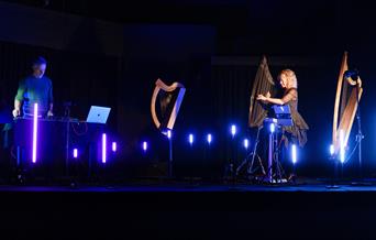 A harpist and producer on a stage