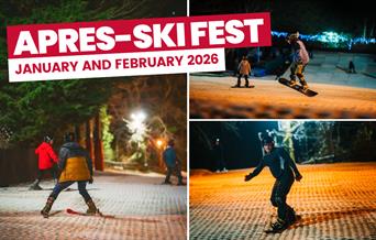 Three images showing snowboarders and skiers. Text reads: Apres-Ski Fest January and February 2026