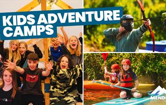 Collage of three images - largest image shows group of boys and girls smiling with hands up in the air, sat under a canva tent. Second image on top ri