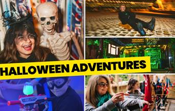 A collage of halloween themed images with Halloween Adventures written in black in a yellow text box over the top