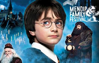 Harry Potter-themed poster with characters and "Mendip Family Festival" Yeti playing guitar logo and text.