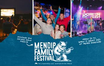 Promotional image for the Mendip Family Festival in August 2025, including a family in an outdoor cinema, a family waving, and a band performing on st