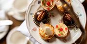 Overhead shot of small cupcakes on a floral pretty plate with tea cups on a table blurred out in the background.