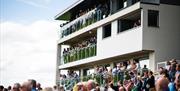 A crowd of spectators watching from the stands at Bath Racecourse