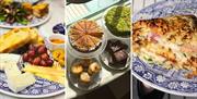 Collage. Left: cheese selection, grapes and bread on an intricately designed blue plate. Centre: an overhead view of several cakes. Right: A cheese-to