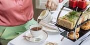 A hand pouring milk from a pot into tea next to an afternoon tea on one of the interior tables at The Roseate Villa Bath