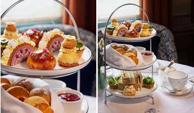 Two images of the Bridgerton-themed afternoon tea at The Elder Restaurant in Bath.