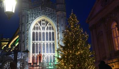 Bath Abbey with Christmas tree, illuminated at night
