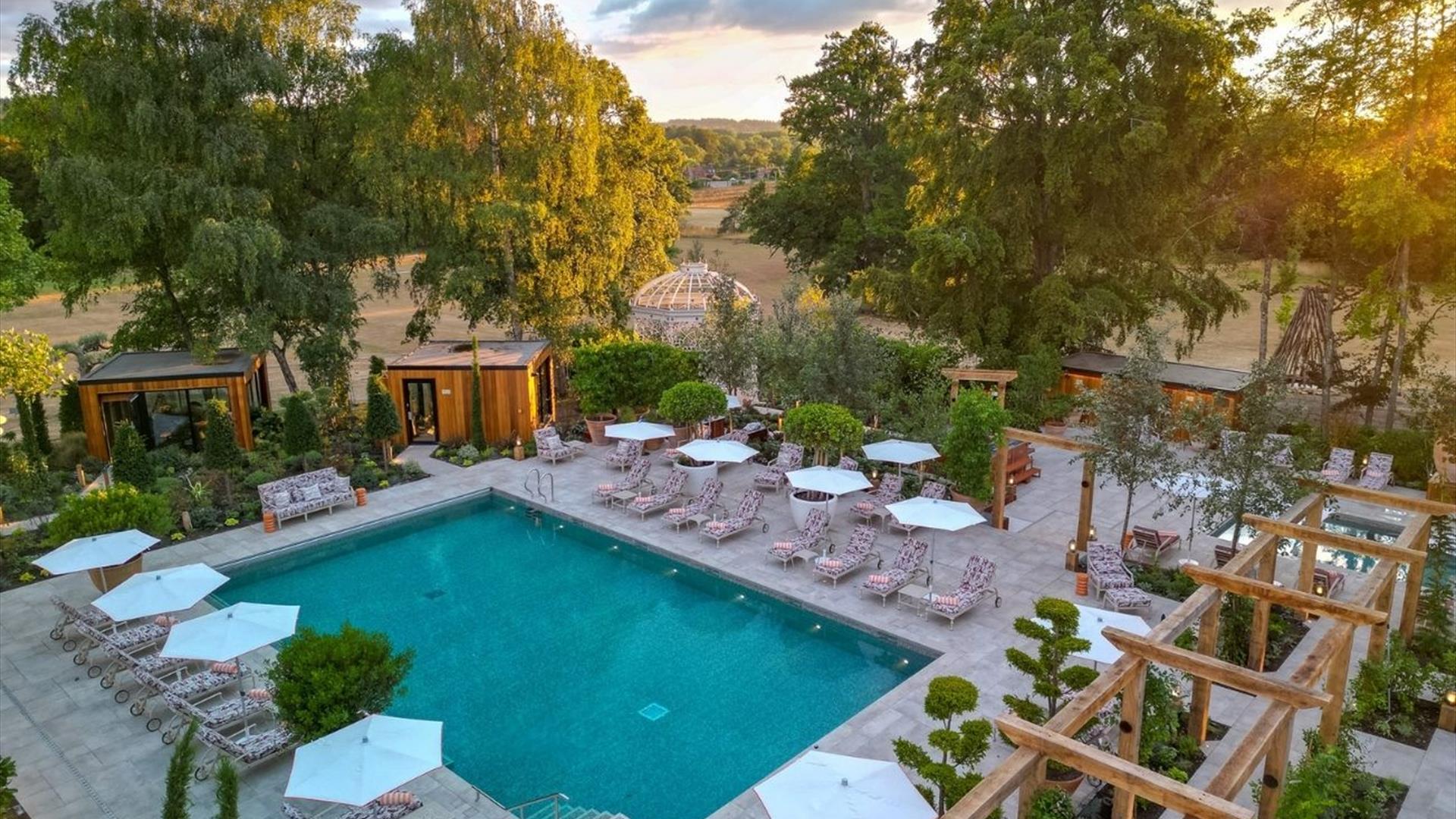 Bishopstrow Spa outdoor pool at dusk
