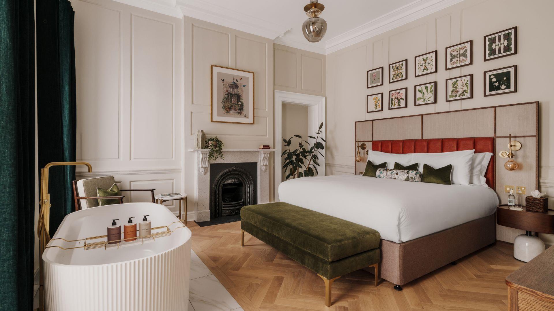 Hotel bedroom with bath
