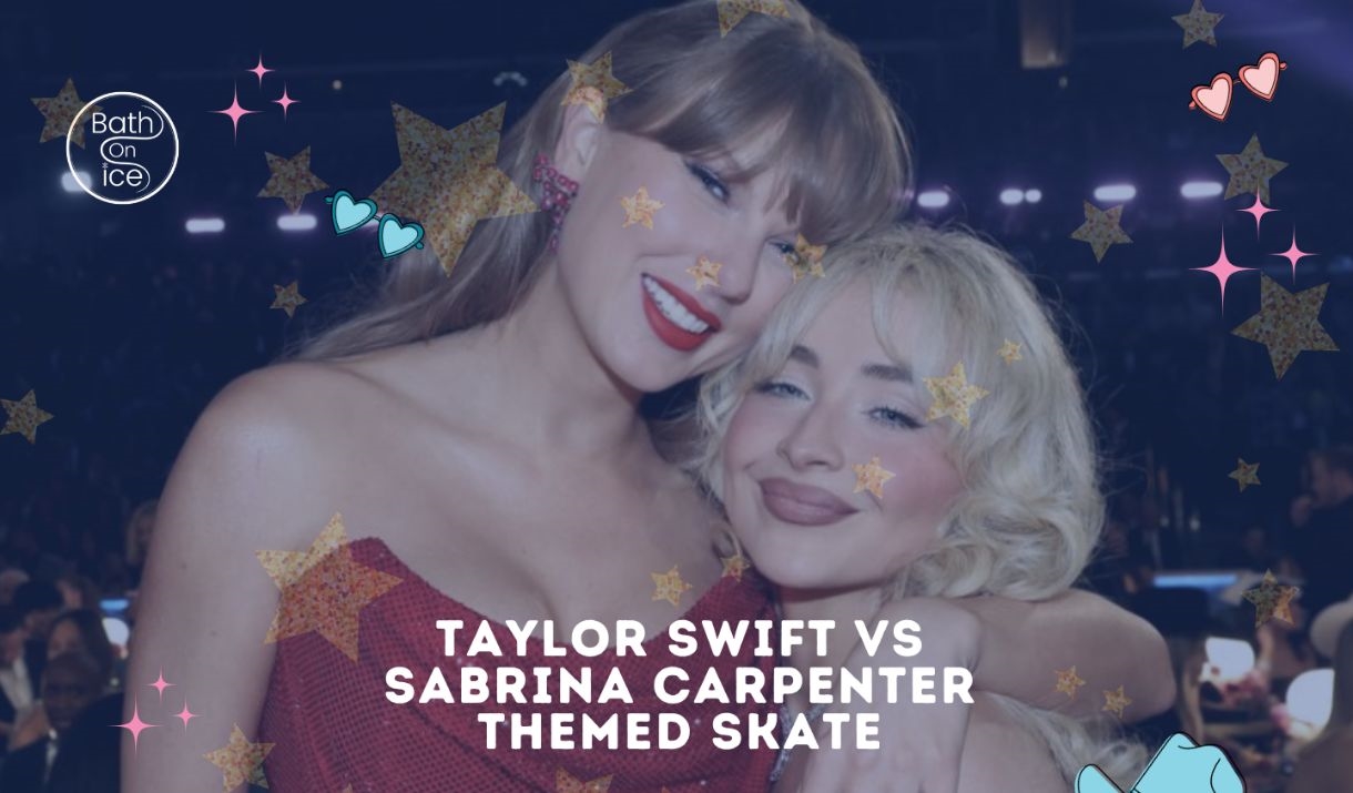 Taylor Swift vs Sabrina Carpenter hugging, with themed skate promo for Bath on Ice Taylor Swift vs Sabrina Carpenter hugging, with themed skate promo for Bath on Ice