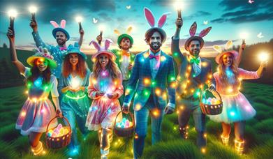 An AI image rendering of adults dressed up for Easter
