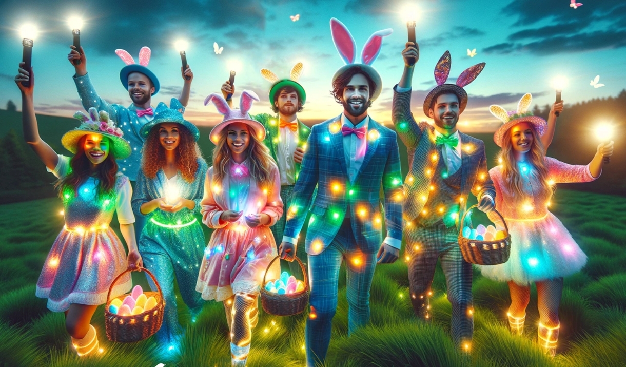 An AI image rendering of adults dressed up for Easter