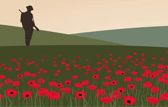 Graphic of a soldier standing in a field of poppies